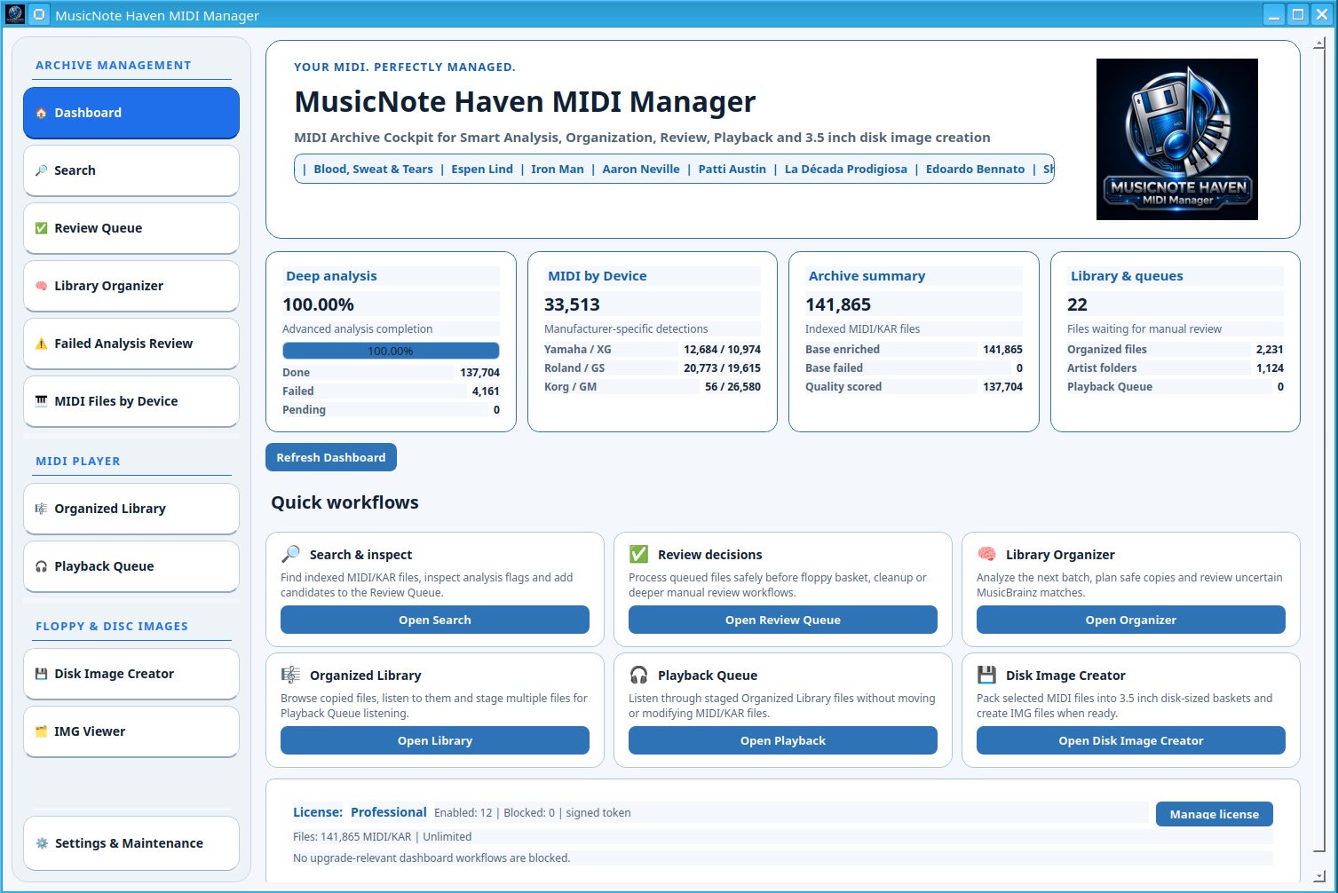 MIDI Manager Dashboard with archive summaries and quick workflows