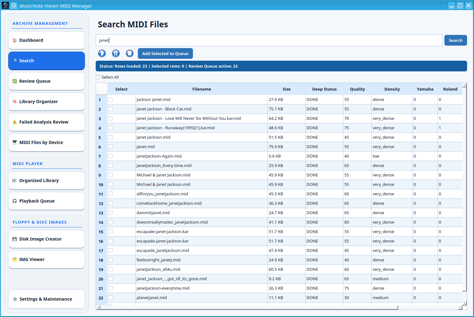 MIDI Manager Search page showing search results
