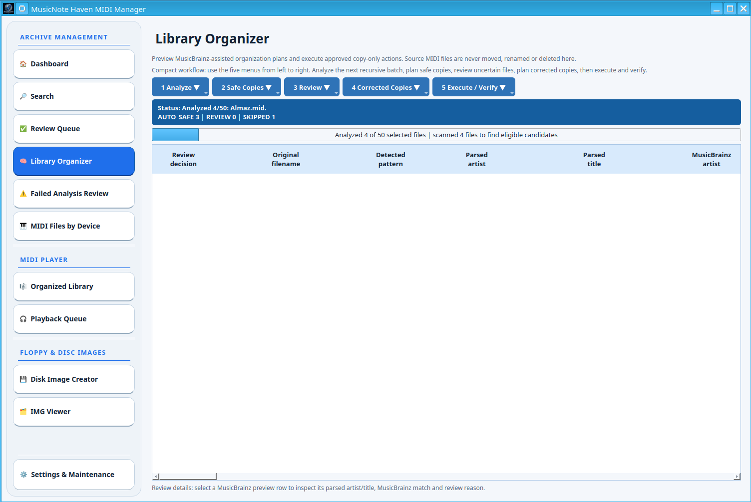 Library Organizer analyzing a batch of MIDI files