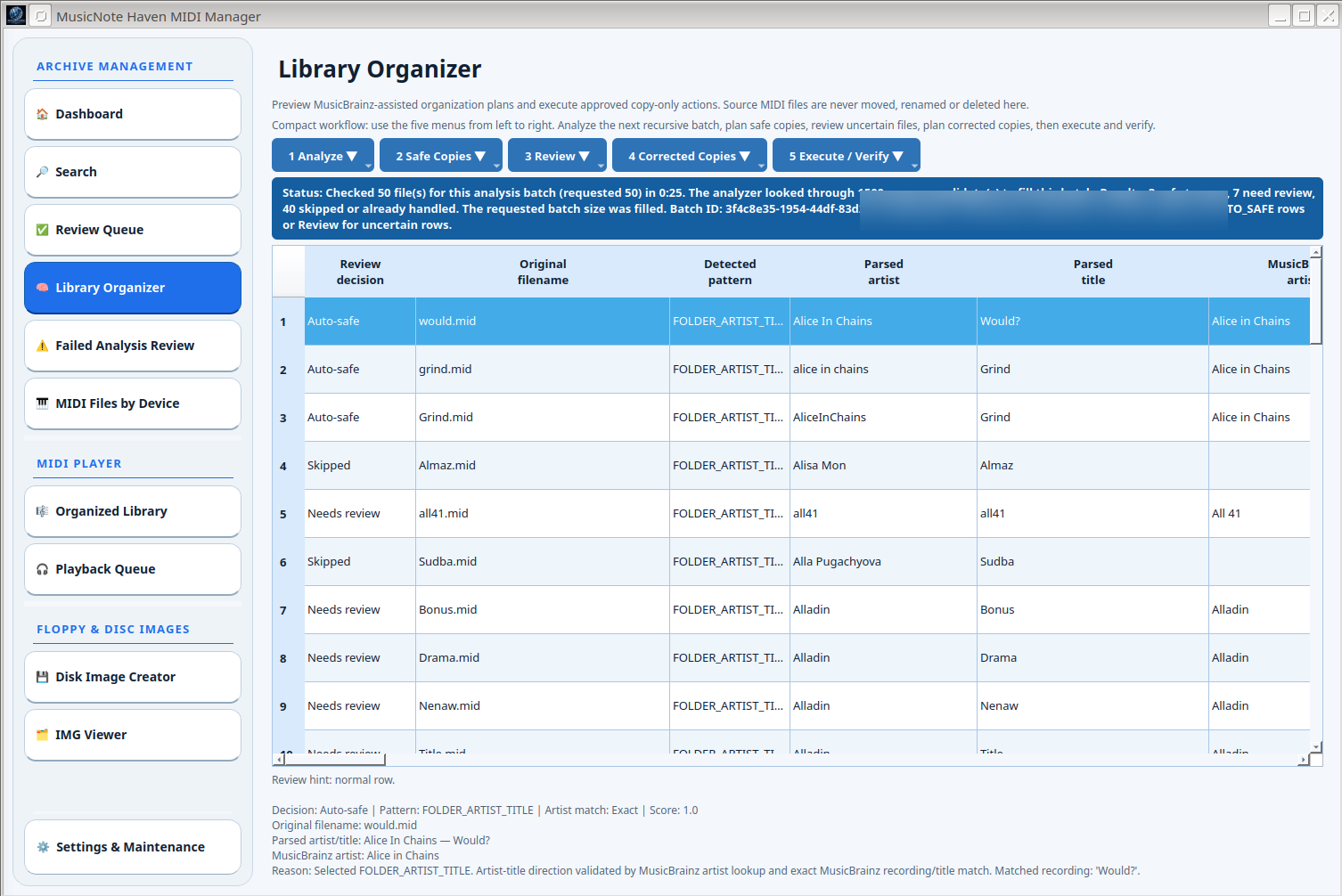 Library Organizer showing analyzed results and review decisions