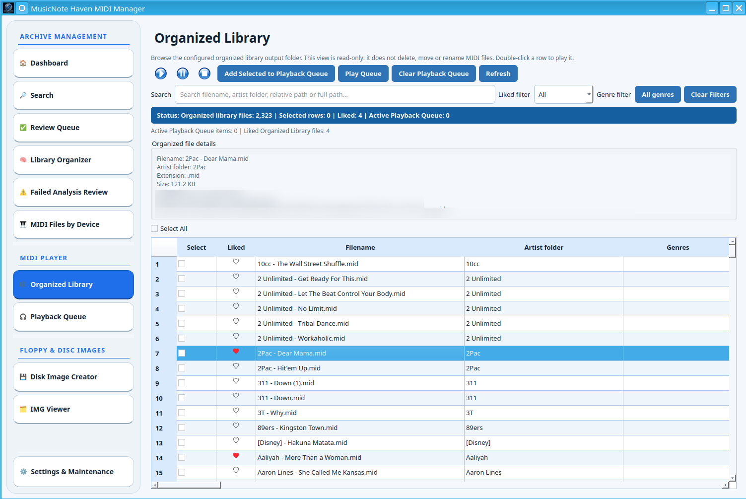 Organized Library browser with liked file and file details