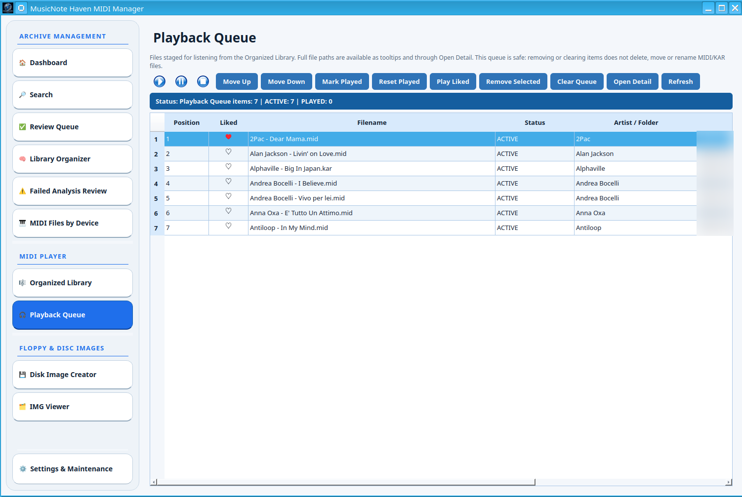 Playback Queue with active MIDI files ready for listening
