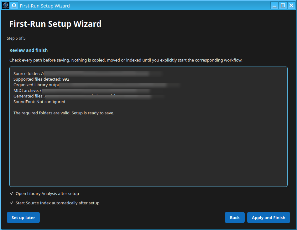 First-Run Setup Wizard: review the configuration before applying it. Private paths are hidden.