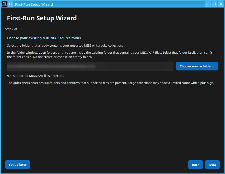 First-Run Setup Wizard: choose the existing MIDI/KAR source folder. The private local path is hidden in the public image.