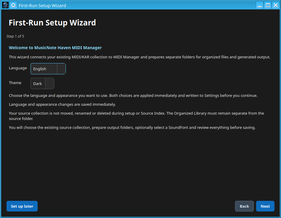 First-Run Setup Wizard: choose language and theme before configuring folders.