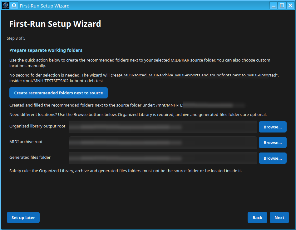 First-Run Setup Wizard: prepare separate Organized Library, archive and generated-files folders. Private paths are hidden.
