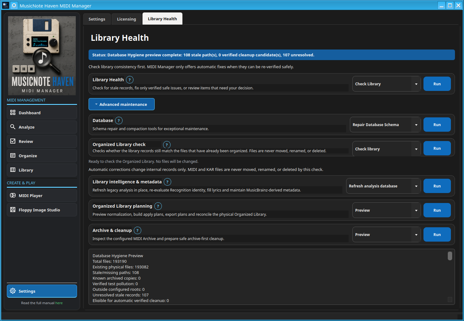 Settings → Library Health after Preview Database Hygiene. The preview is read-only.