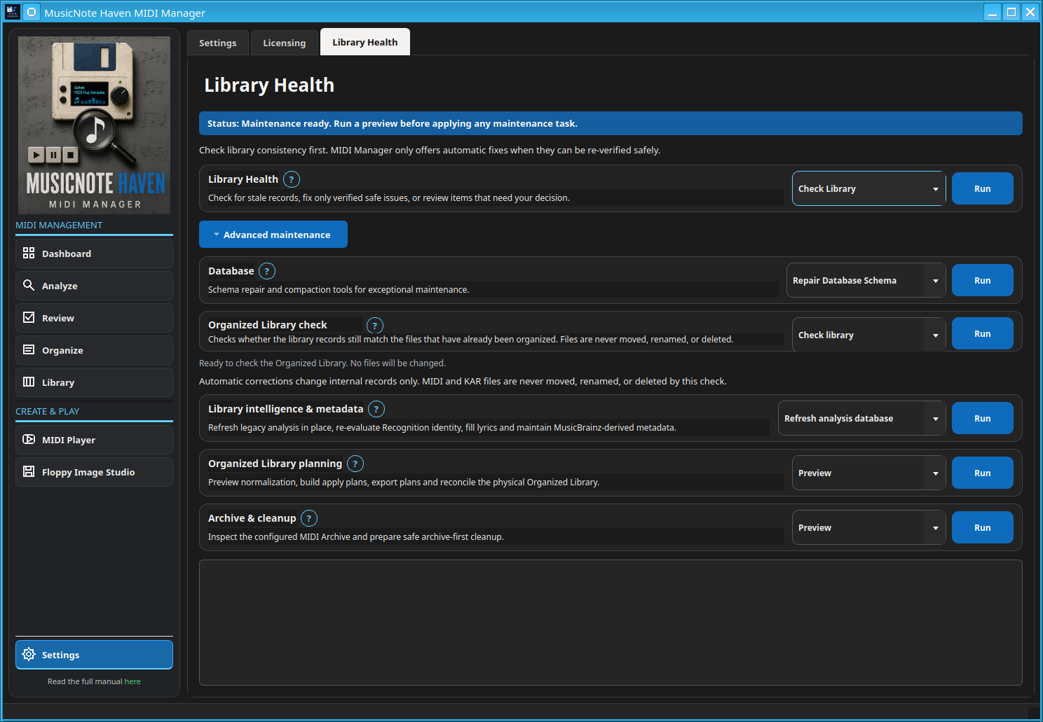 Settings → Library Health showing Library Health plus the visible Advanced maintenance groups.