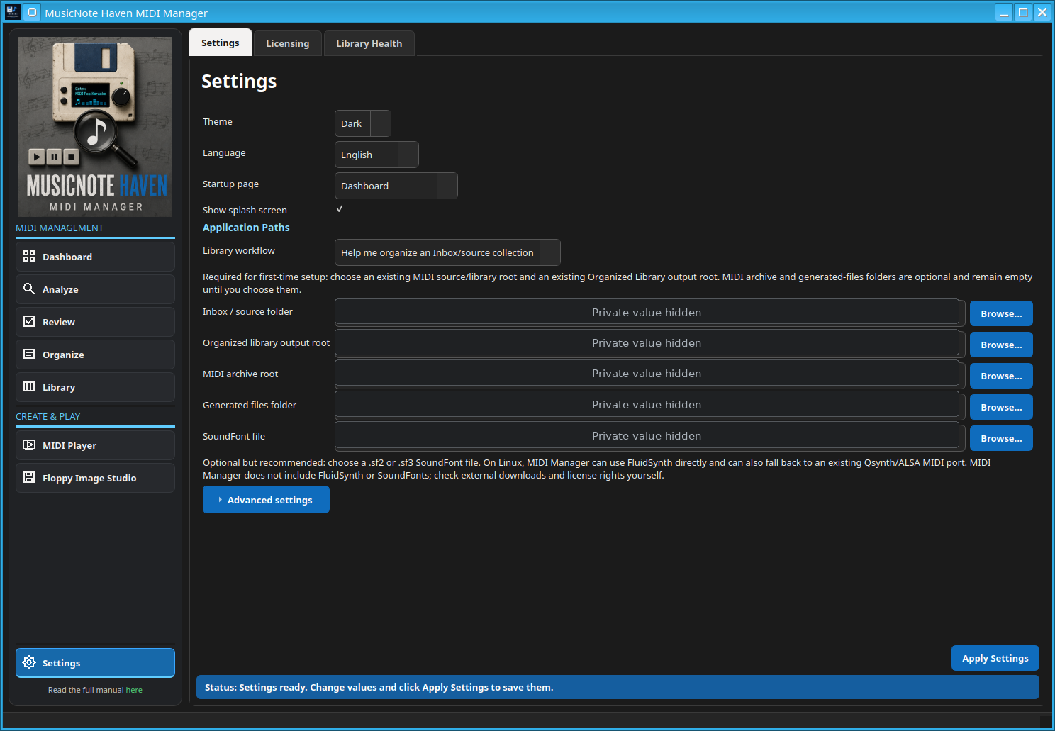 Settings → Settings in MIDI Manager 1.1.0. Private local paths are hidden.