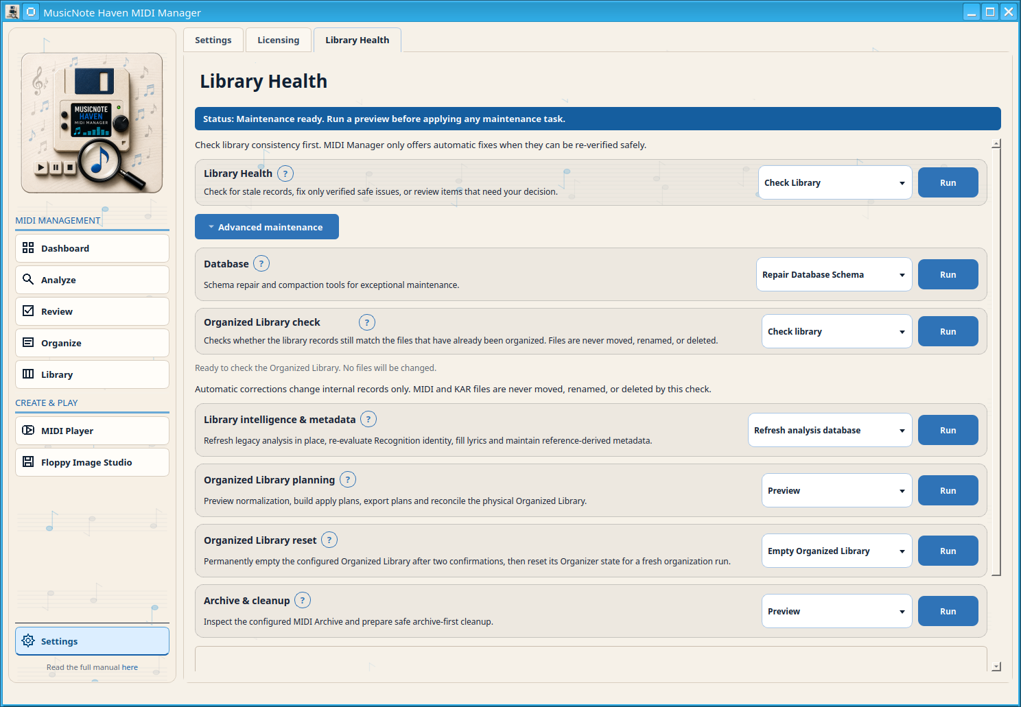 Library Health with Advanced maintenance expanded into explicit database, library, metadata, planning, reset and archive groups.