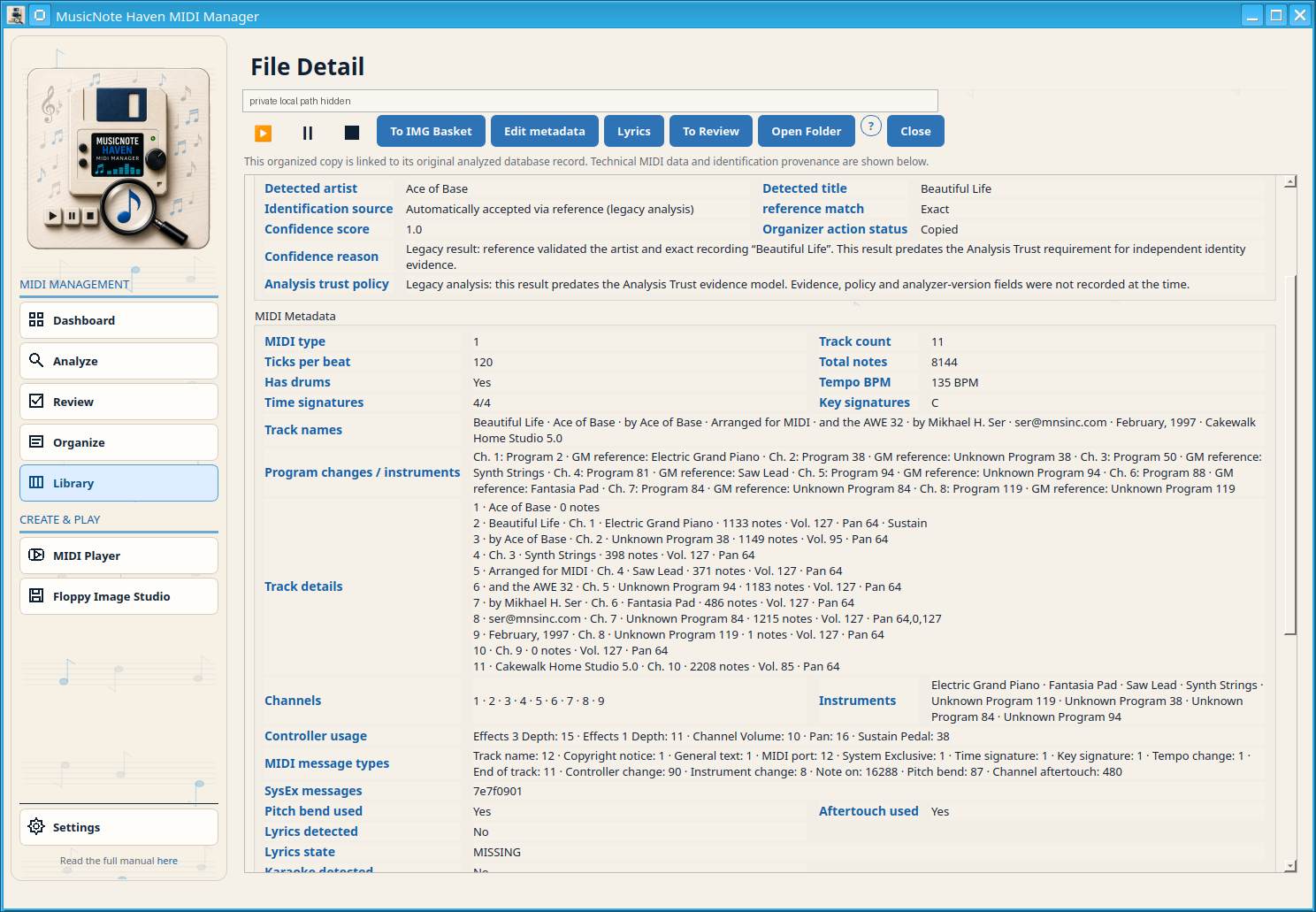 Detalles del archivo con metadatos y evidencia de análisis. Ruta privada oculta.