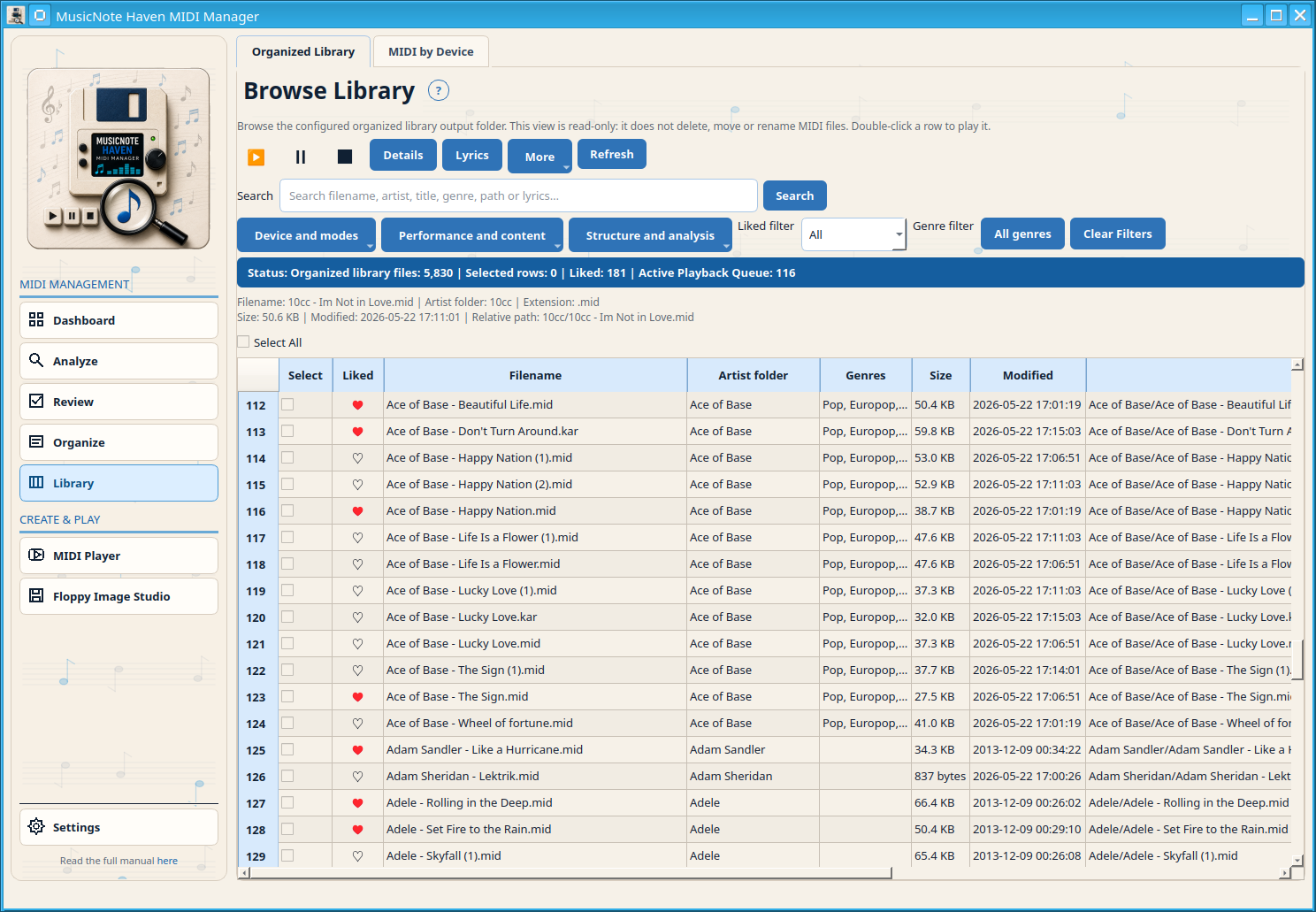 Library β Organized Library with the current browse, search and filter controls.