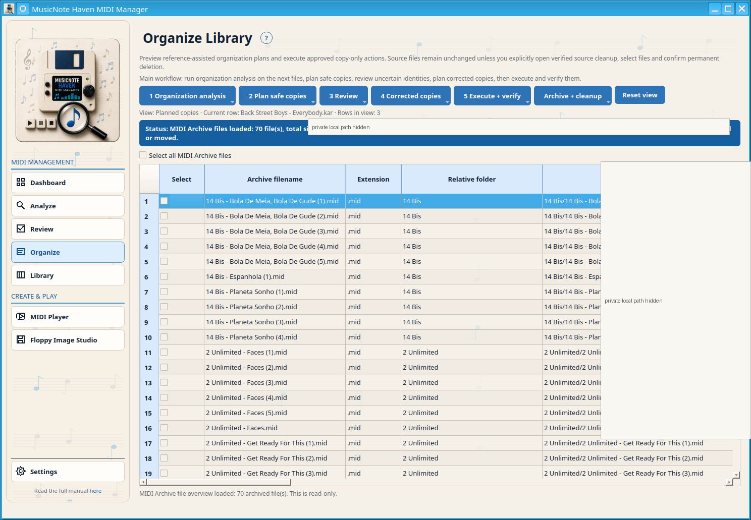 Archive + cleanup: the configured MIDI Archive is shown separately from copy planning and execution. Private paths are hidden.