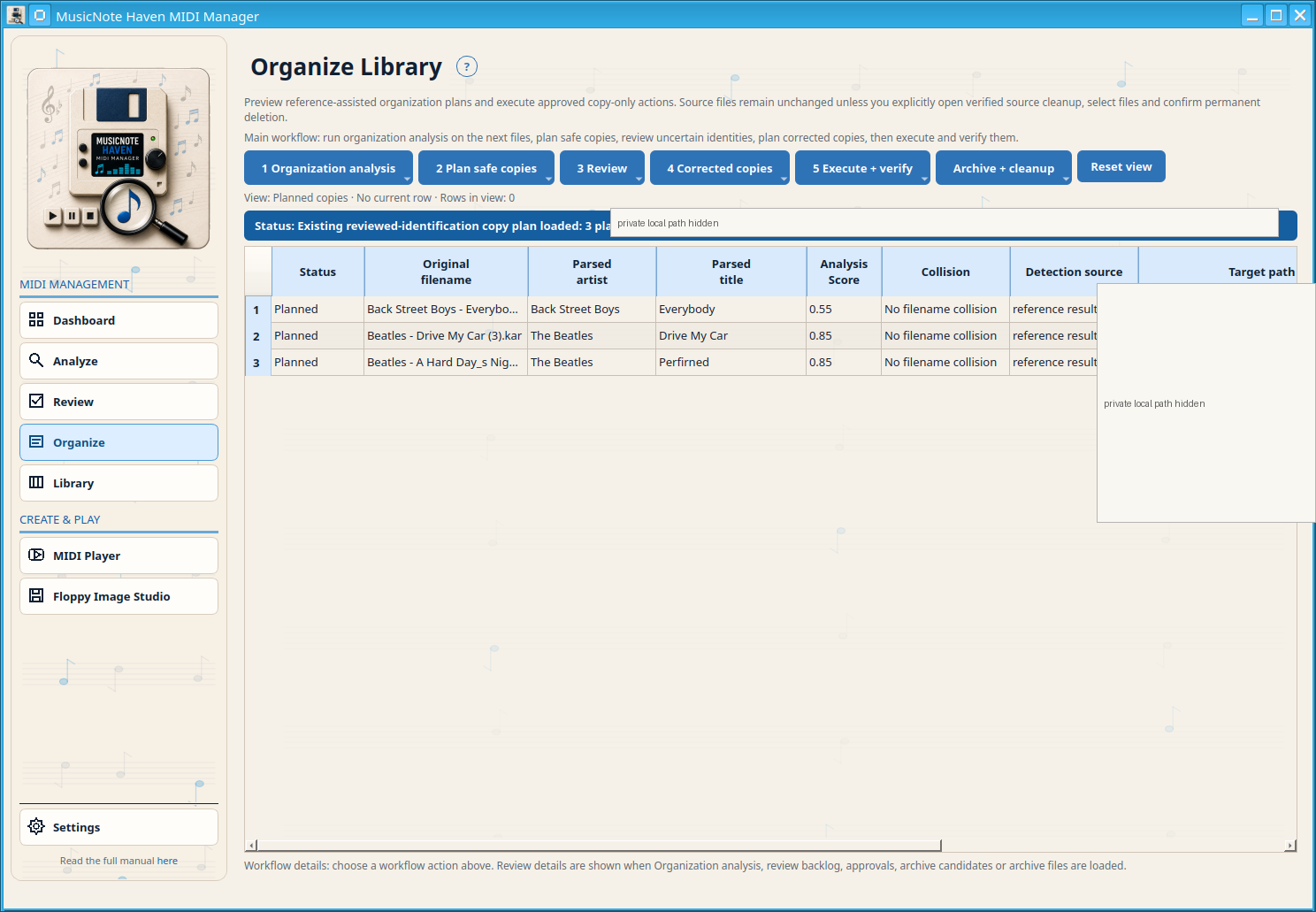 Step 4 Corrected copies with an existing reviewed-identifications copy plan loaded. Private paths are hidden.