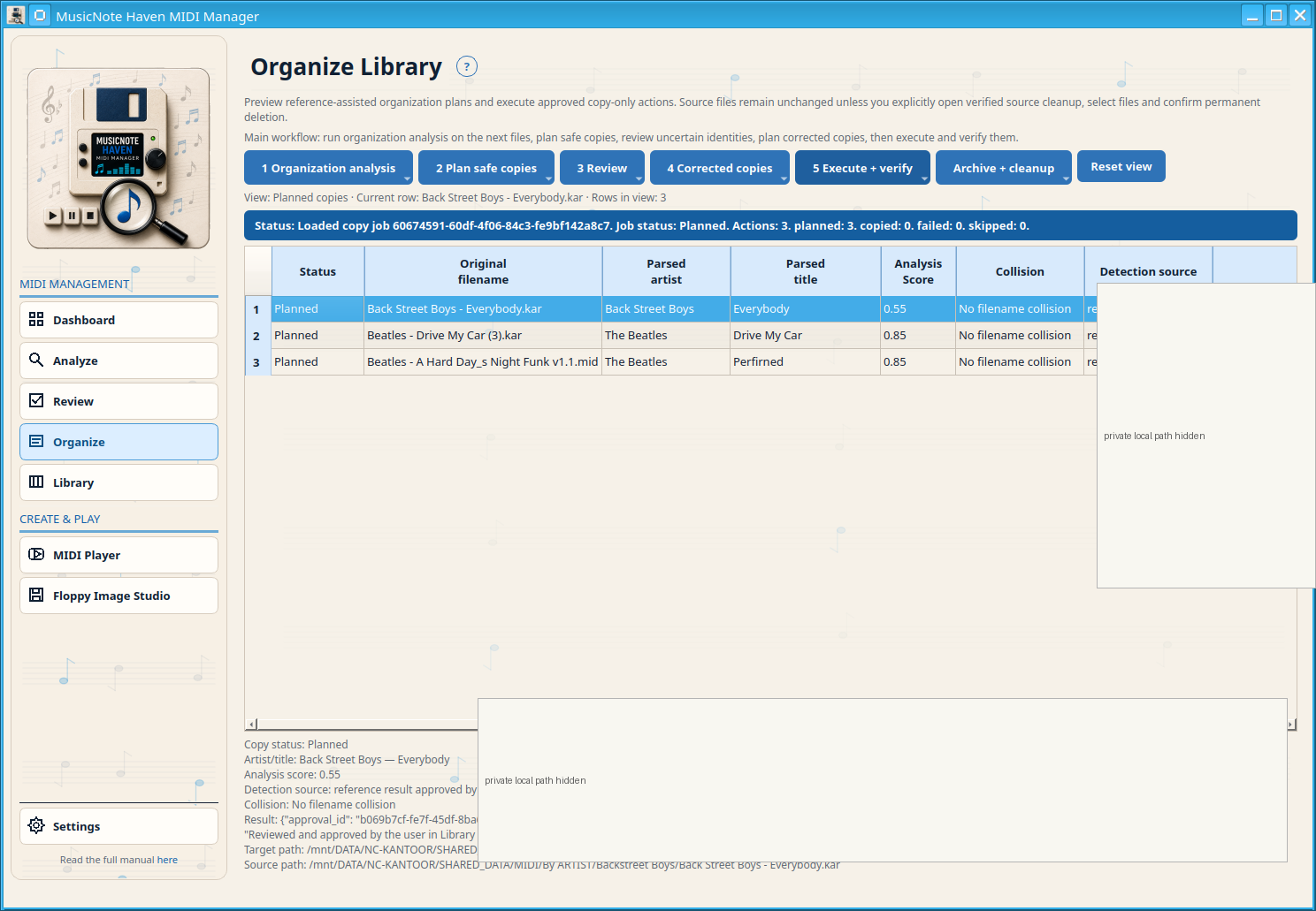 Step 5 Execute + verify with the reviewed copy job and per-copy verification details. Private paths are hidden.