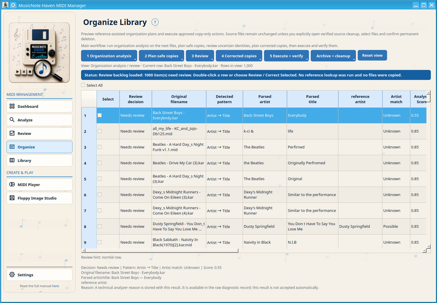 Step 3 Review: uncertain identities stay separate from automatic safe-copy results.