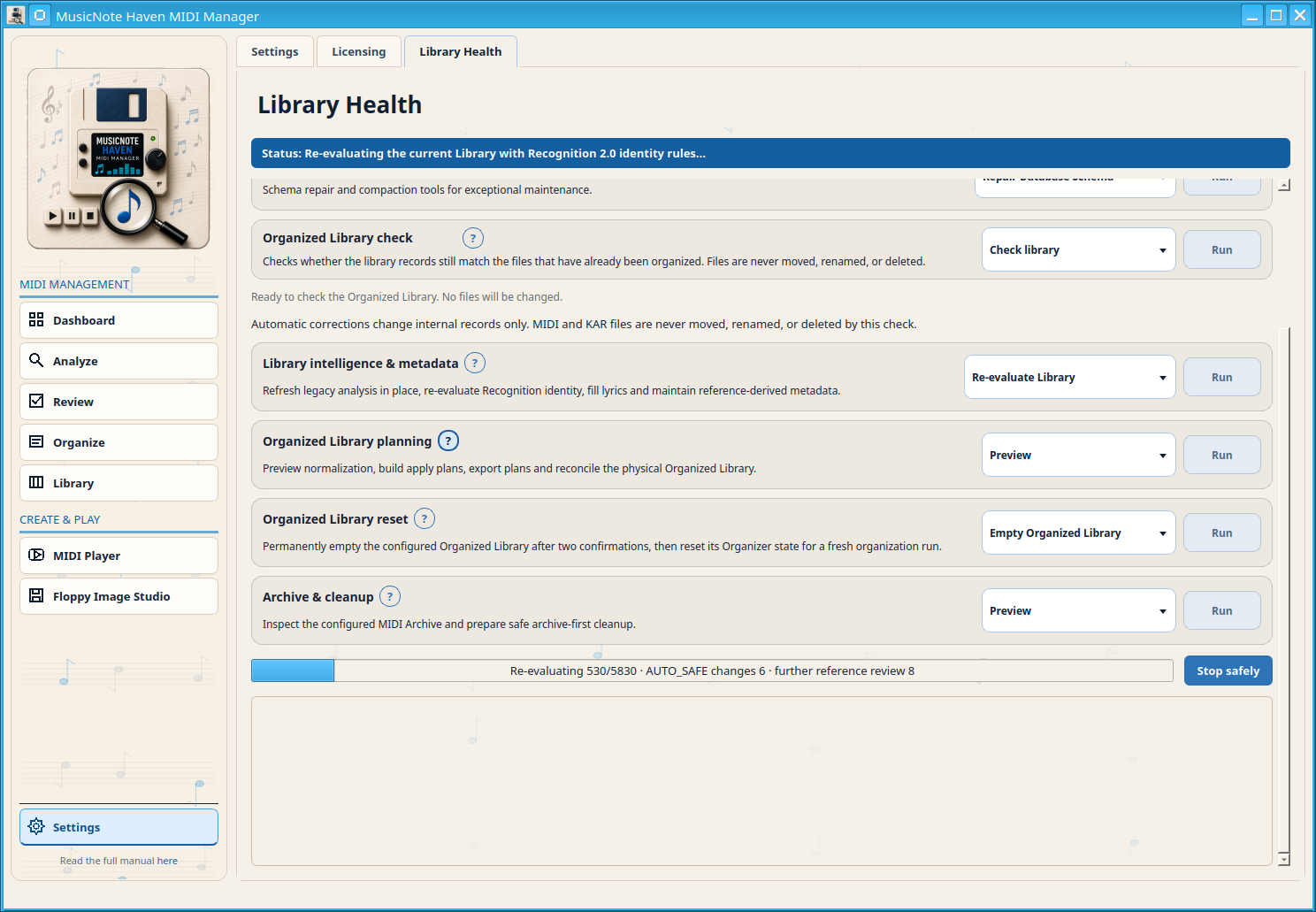Re-evaluate Library in progress. Stop Safely preserves completed work and the saved preview so the remaining work can be resumed.
