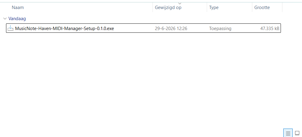 Windows download folder with the MusicNote Haven MIDI Manager Setup.exe installer