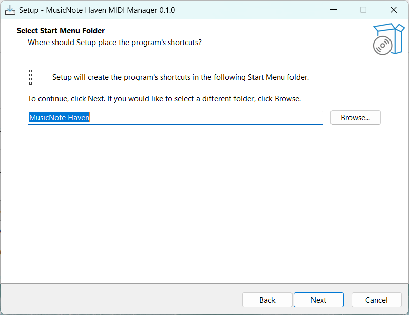 Installer Start menu folder screen