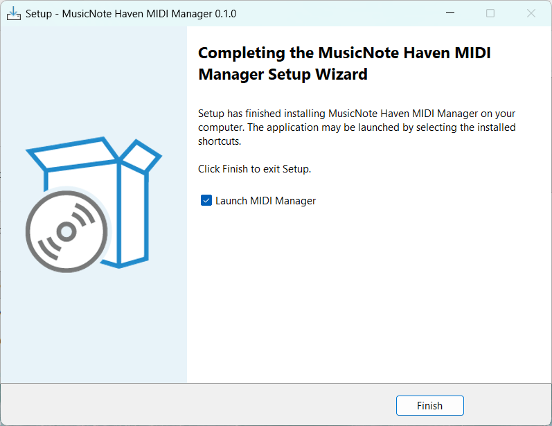 Installer completed screen with Launch MIDI Manager selected