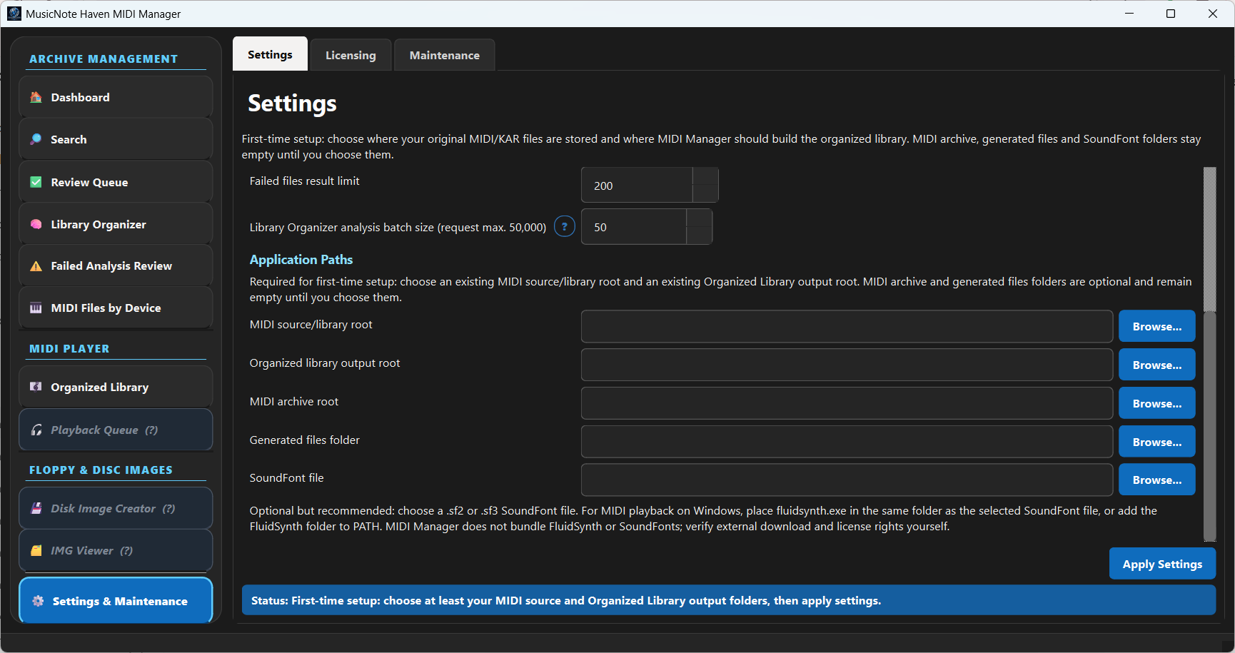 MIDI Manager first-time Settings page with empty folder fields