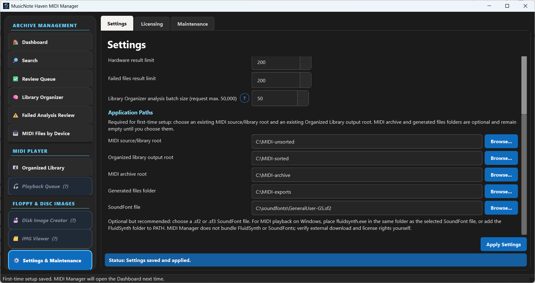 MIDI Manager Settings page with example Windows folders filled in