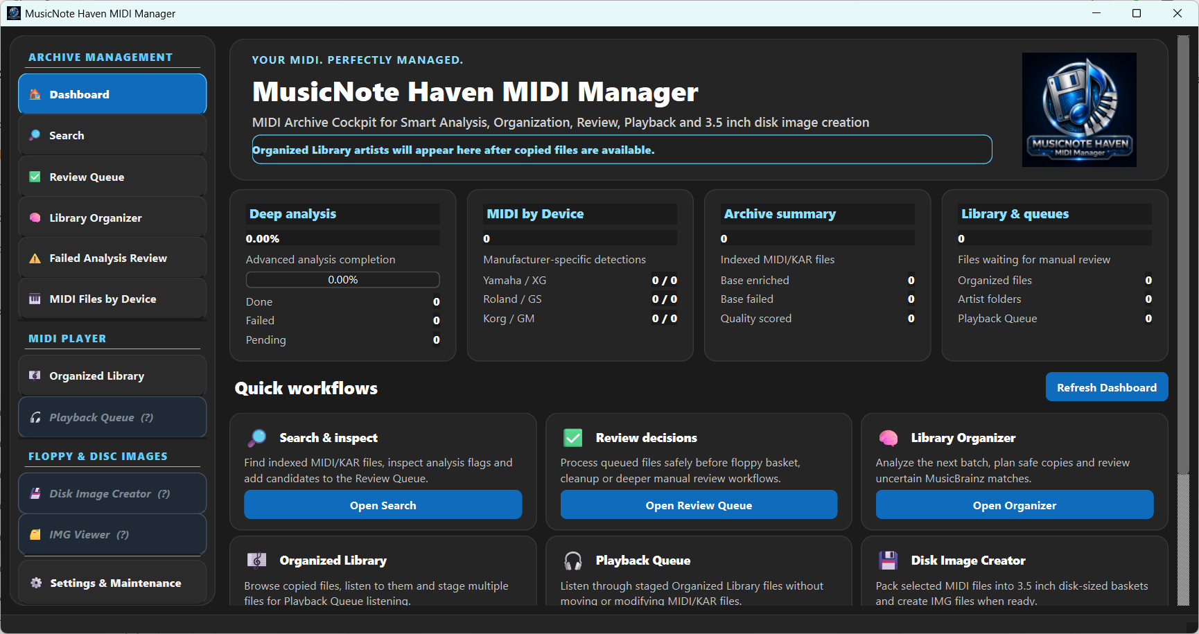MIDI Manager Dashboard after clean setup with zero files