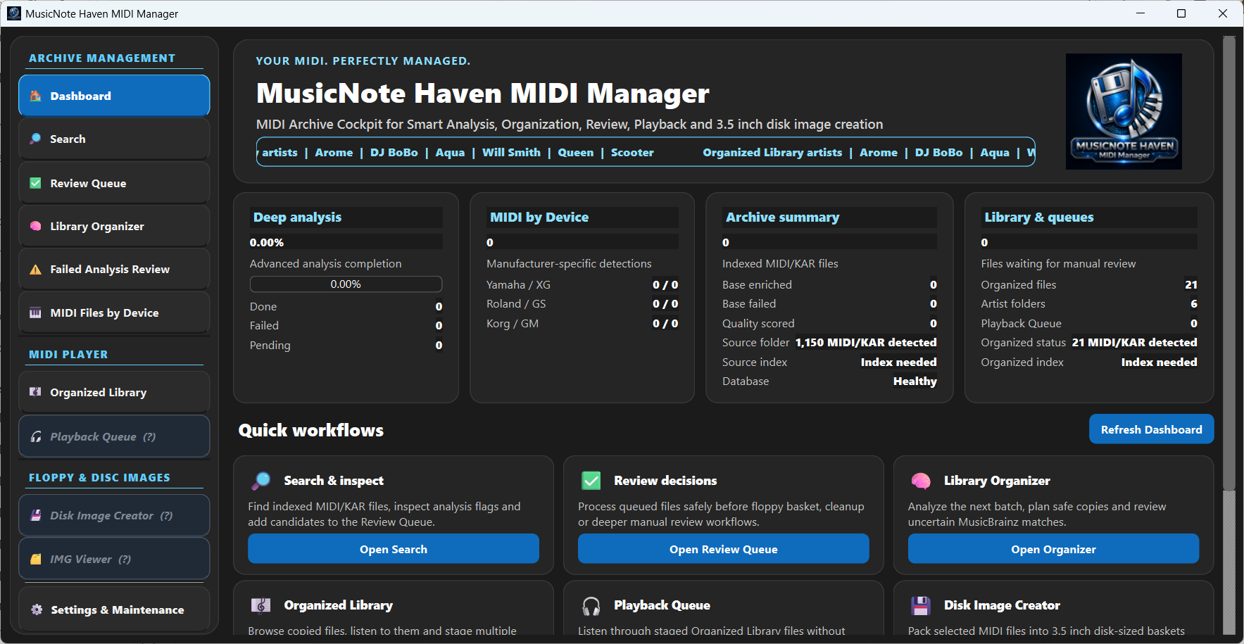 MIDI Manager Dashboard showing source and Organized Library index needed