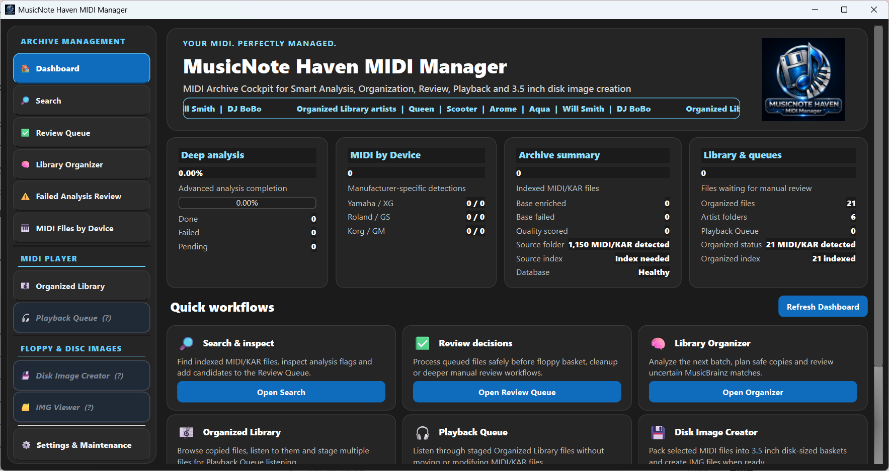 MIDI Manager Dashboard with Organized Library indexed and source index still needed