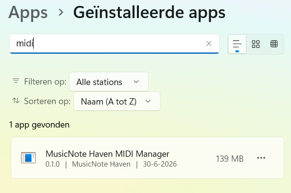 Windows Installed apps list showing MusicNote Haven MIDI Manager