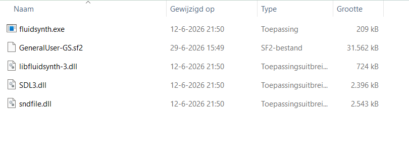 Windows soundfonts folder containing fluidsynth.exe, GeneralUser-GS.sf2 and required DLL files
